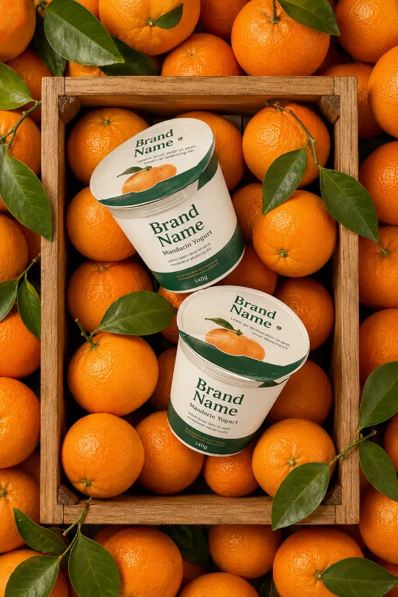 Overhead shot of premium yogurt cups in a wooden crate filled with fresh mandarins, styled for a commercial food packaging campaign.