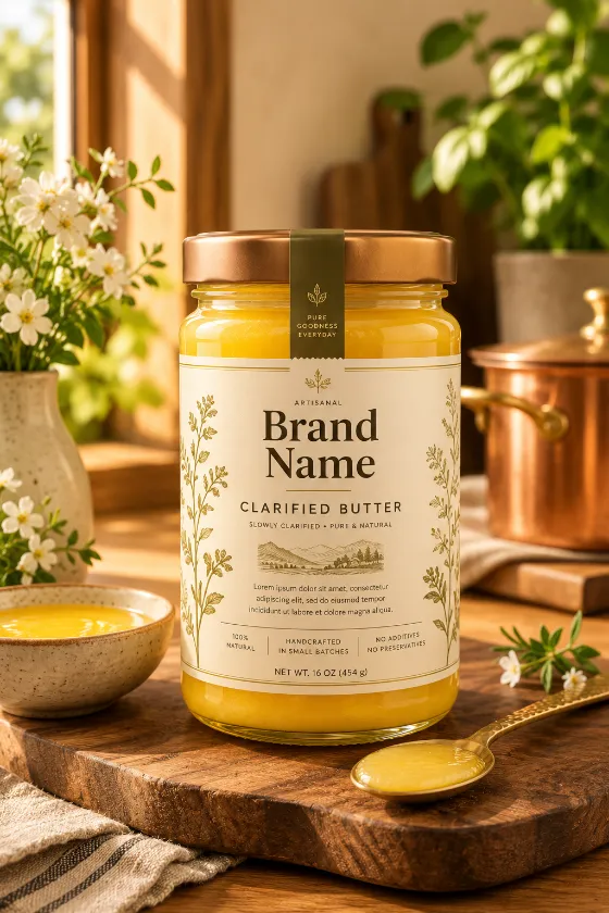 Commercial gourmet food photograph featuring a premium clarified butter jar on a wooden serving board.