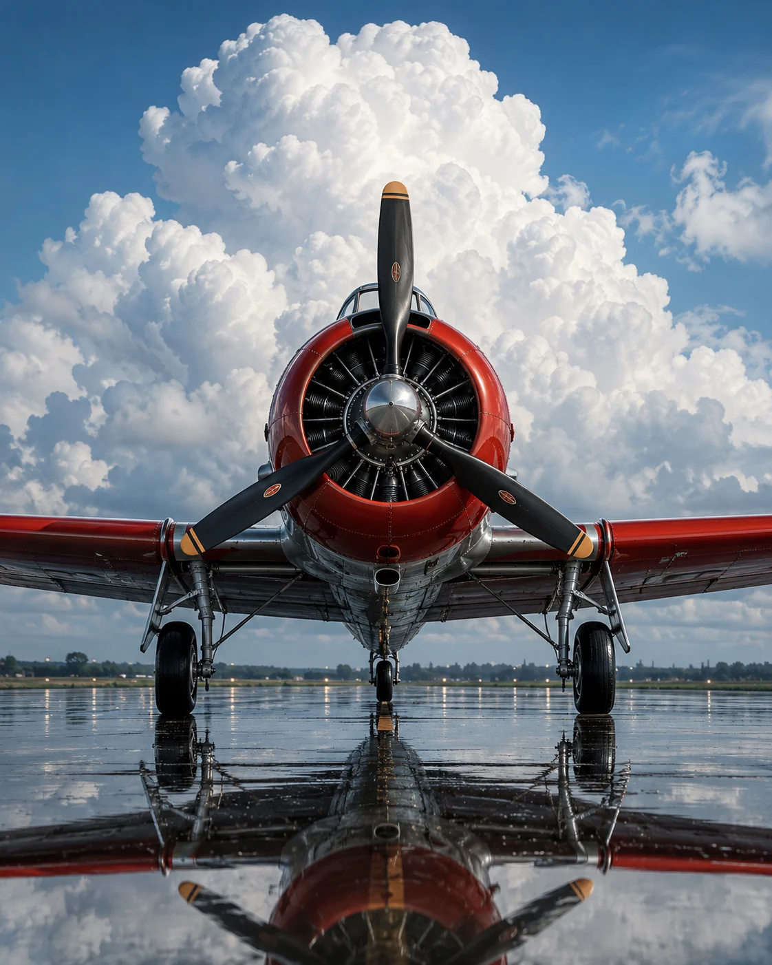 Front view of a classic radial-engine aircraft on a reflective runway under towering clouds.
