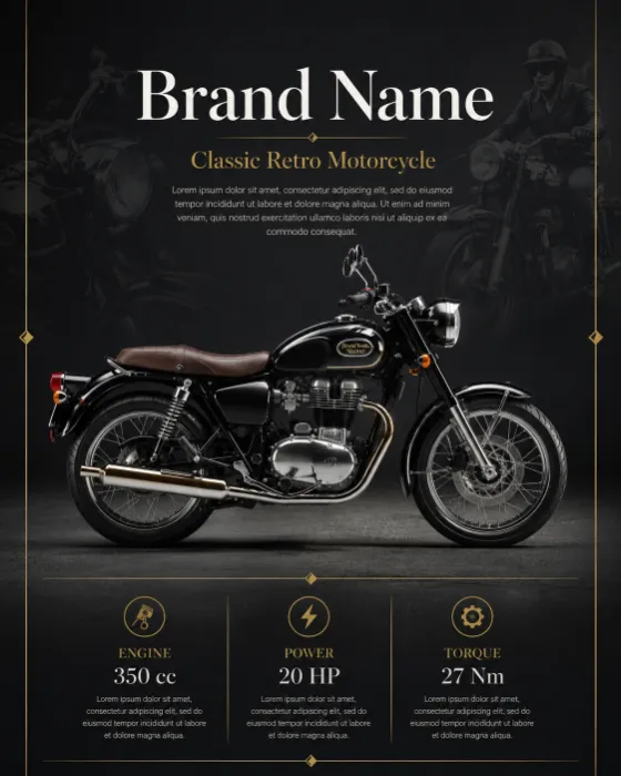 Classic retro motorcycle in a premium studio advertising poster with dark background and gold accents.