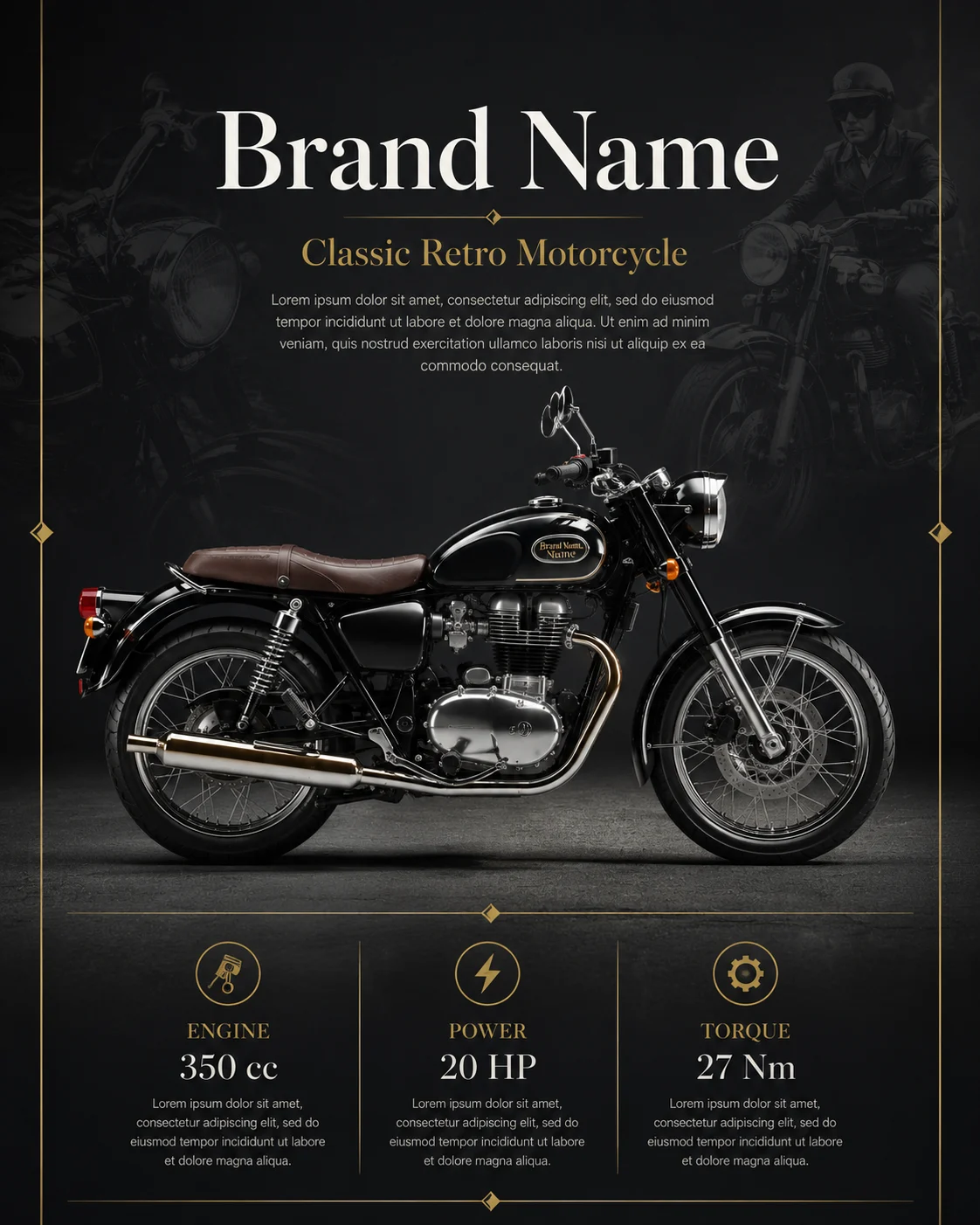 Classic retro motorcycle in a premium studio advertising poster with dark background and gold accents.