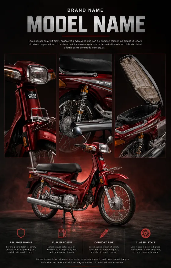 Classic underbone motorcycle in crimson with three detail panels on a dark studio backdrop.