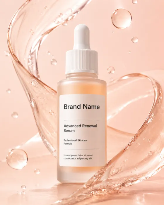 Commercial beauty image of a premium frosted glass skincare serum with flowing cosmetic liquid textures.
