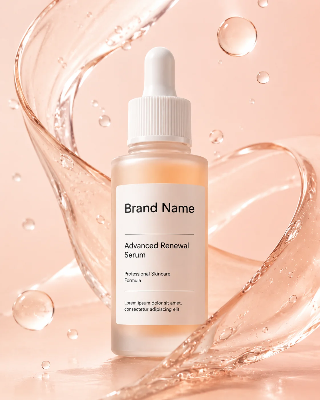 Commercial beauty image of a premium frosted glass skincare serum with flowing cosmetic liquid textures.
