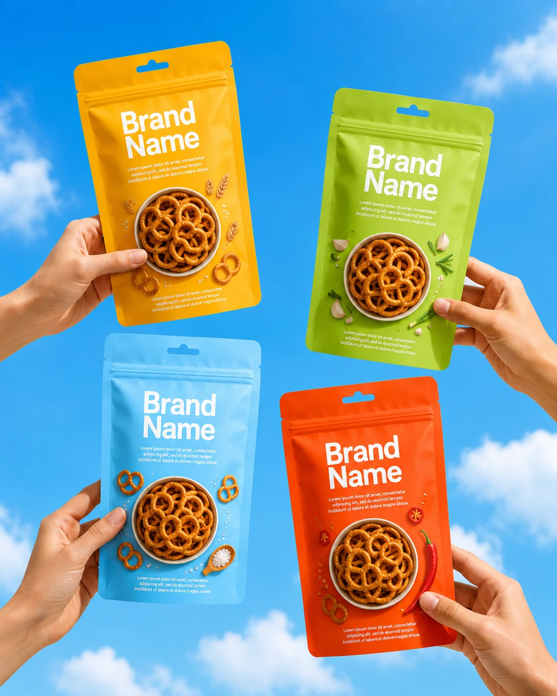Commercial product image of four colorful snack pouches floating against a blue sky background.