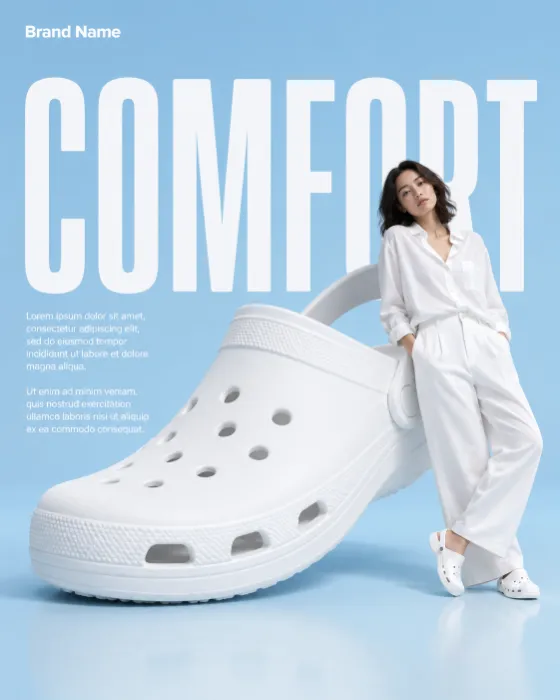 Commercial poster with an oversized white comfort clog and a model in a minimalist blue studio.