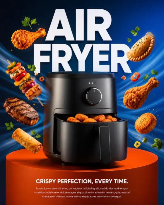 Premium studio advertisement featuring a modern air fryer with floating cooked food.