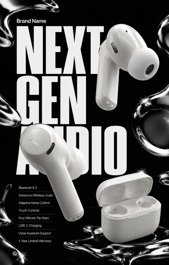 Two premium true wireless earbuds with charging case floating in a dark studio with chrome accents and editorial.