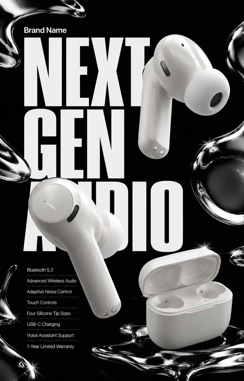 Two premium true wireless earbuds with charging case floating in a dark studio with chrome accents and editorial.