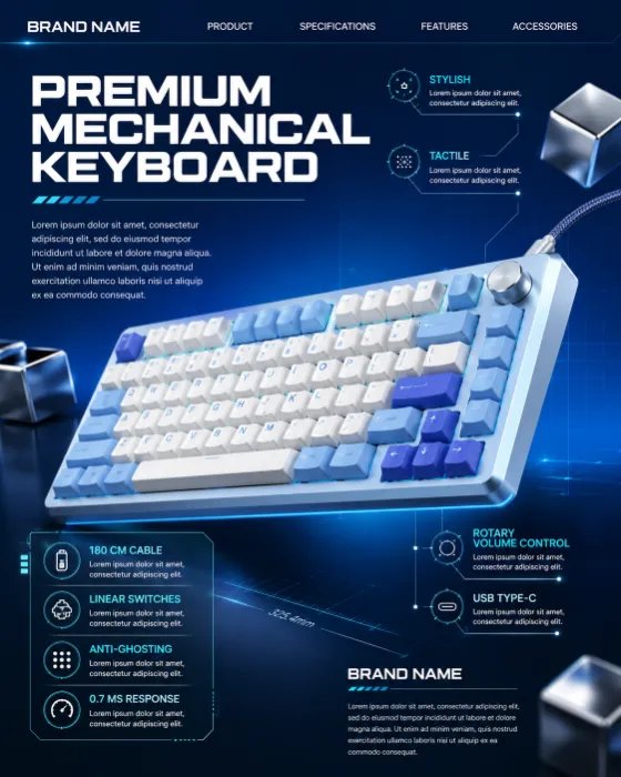 Compact mechanical keyboard with rotary encoder on a futuristic blue technology background in a commercial product campaign.