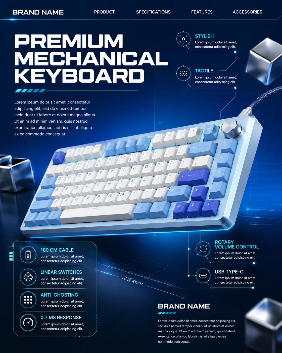 Compact mechanical keyboard with rotary encoder on a futuristic blue technology background in a commercial product campaign.