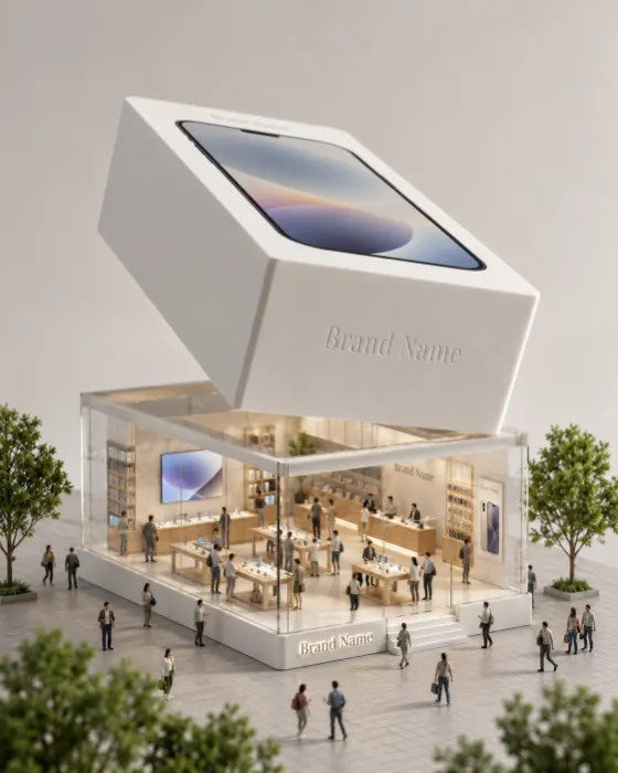 Vertical view of a white Brand Name product box with its lid lifted upward, revealing a transparent miniature technology store with tiny shoppers, wooden display tables, and small trees on a studio tabletop.