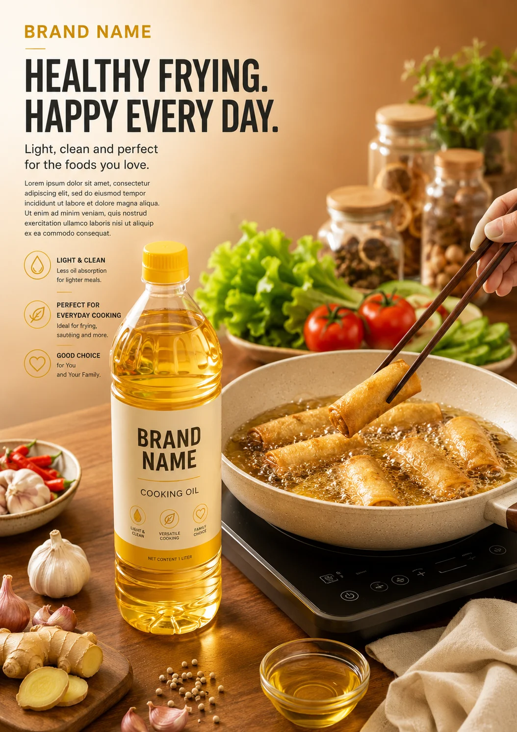 Premium cooking oil product photographed beside freshly fried spring rolls and natural cooking ingredients.