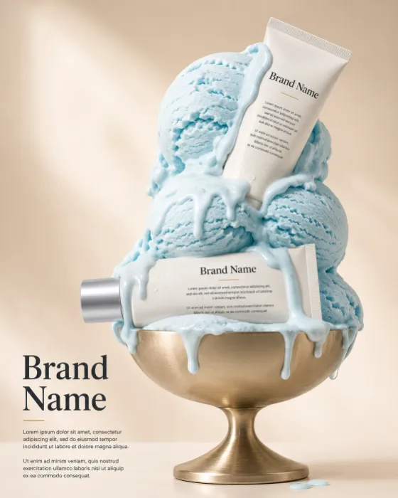 Two premium cosmetic tubes resting in pastel-blue melting gelato inside an elegant metallic bowl on a warm studio background.