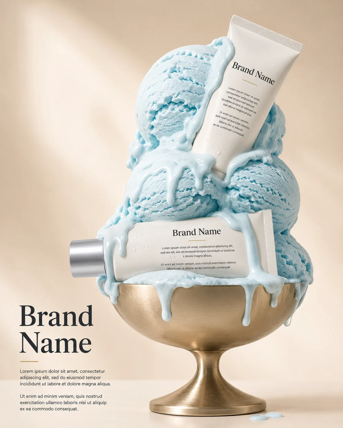 Two premium cosmetic tubes resting in pastel-blue melting gelato inside an elegant metallic bowl on a warm studio background.