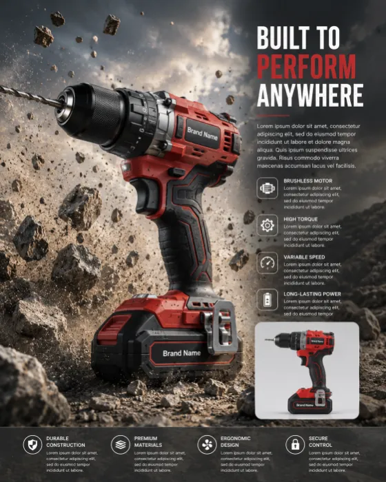 Professional cordless brushless drill driver surrounded by exploding rock debris in a dramatic quarry environment with storm lighting.