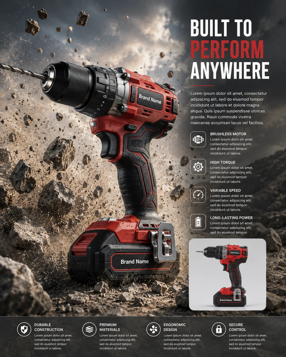 Professional cordless brushless drill driver surrounded by exploding rock debris in a dramatic quarry environment with storm lighting.