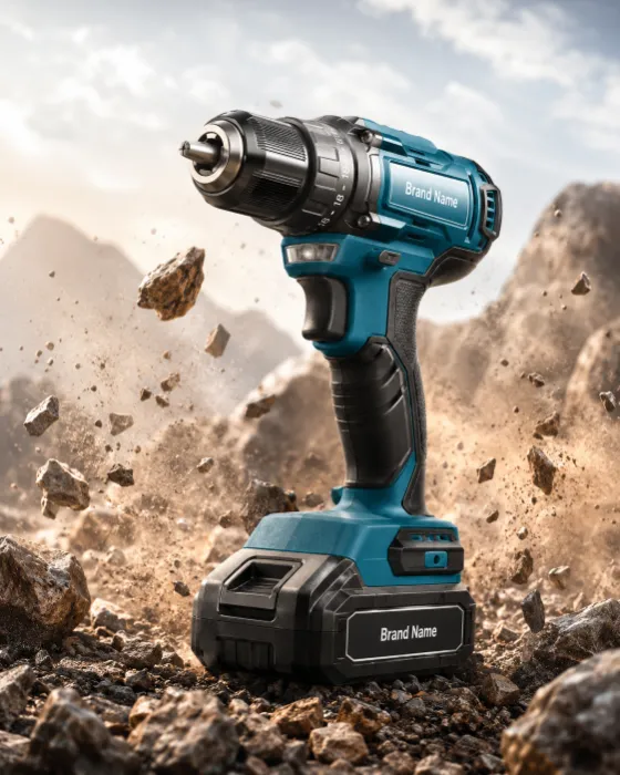 A teal and black cordless drill in a rocky landscape with dust and rocks flying around, dramatic lighting, commercial product photography style.