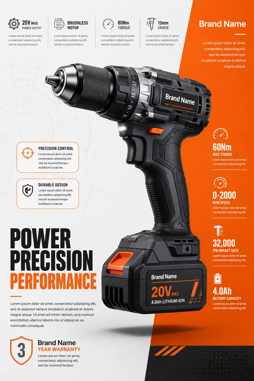 Premium cordless drill hero campaign with clean industrial design.