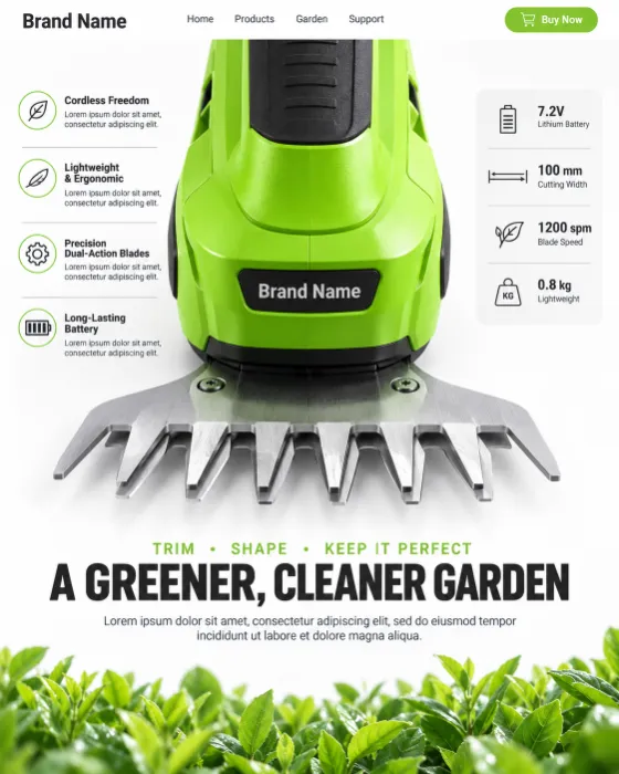 Professional product advertisement featuring a cordless garden shear with precision cutting blades.