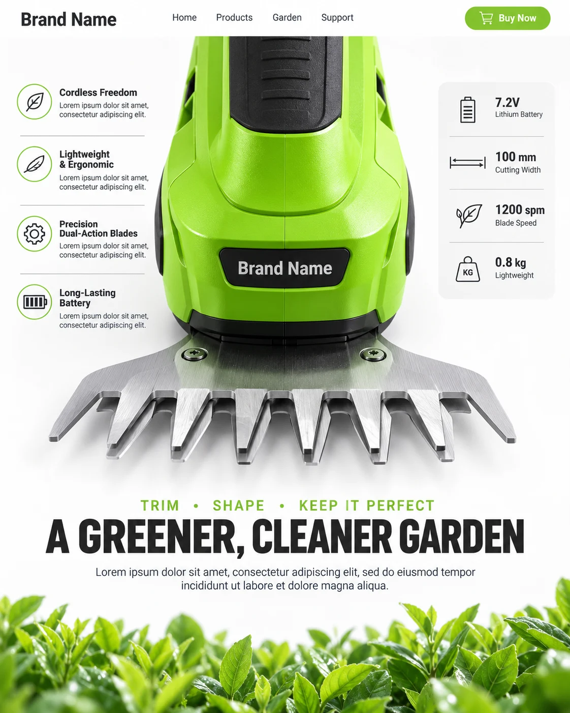 Professional product advertisement featuring a cordless garden shear with precision cutting blades.