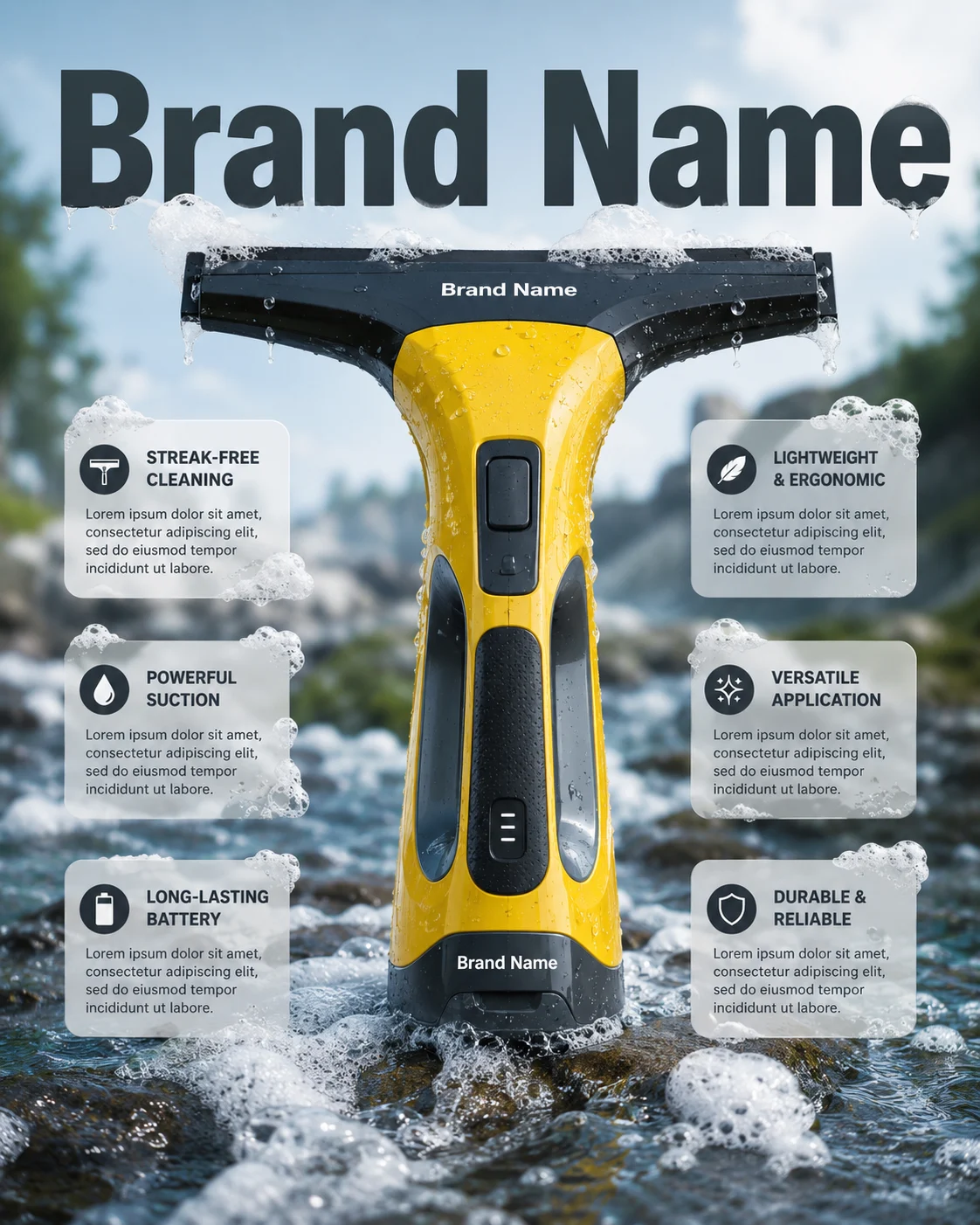 Hero product image of a cordless yellow window vacuum cleaner surrounded by realistic soap foam and flowing water in a rocky stream outdoor setting.