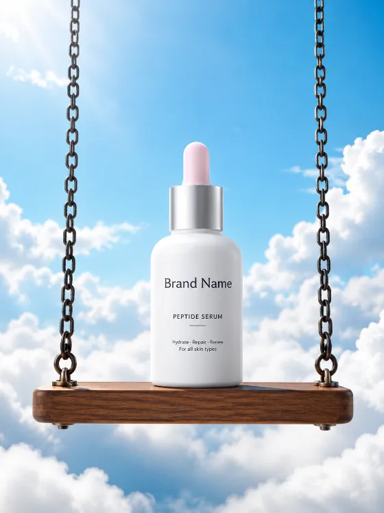 Premium white cosmetic serum bottle on a wooden swing surrounded by clouds under a bright blue sky.