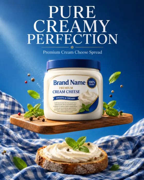 Vertical premium cream cheese product image showing a floating wooden board, artisan toast, mint garnish, and blue gingham fabric against a clean blue studio background.