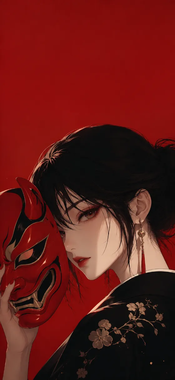 Anime-style portrait of a mysterious woman holding a traditional red mask against a crimson background.