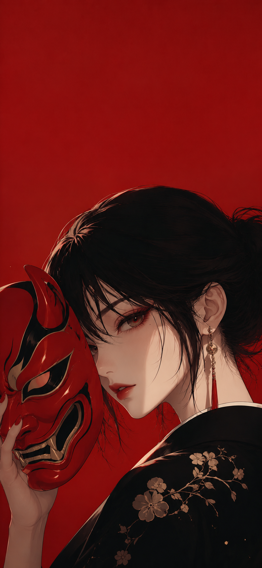 Anime-style portrait of a mysterious woman holding a traditional red mask against a crimson background.