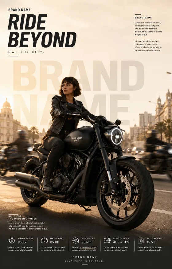 Modern black cruiser motorcycle with a rider in an urban golden-hour commercial campaign.