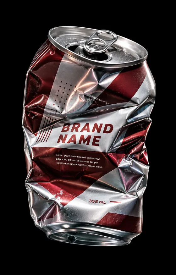 A crushed aluminum beverage can with abstract crimson label graphics and metallic reflections on a black background, styled as contemporary product art.