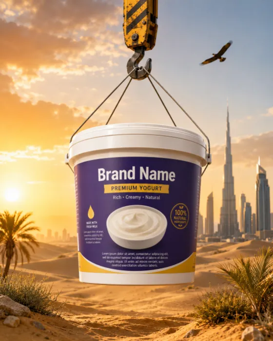 Commercial dairy bucket suspended above a desert landscape with cinematic sunset lighting.