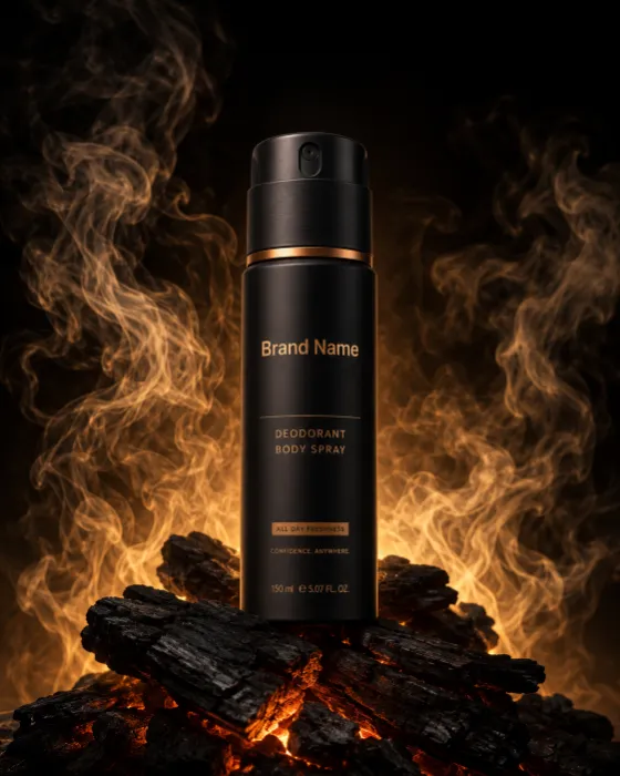 Premium deodorant spray on glowing charcoal with dramatic smoke and cinematic lighting.