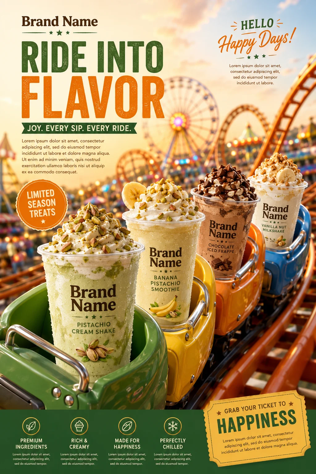 Premium dessert beverages presented on a colorful roller coaster in a cinematic commercial campaign.