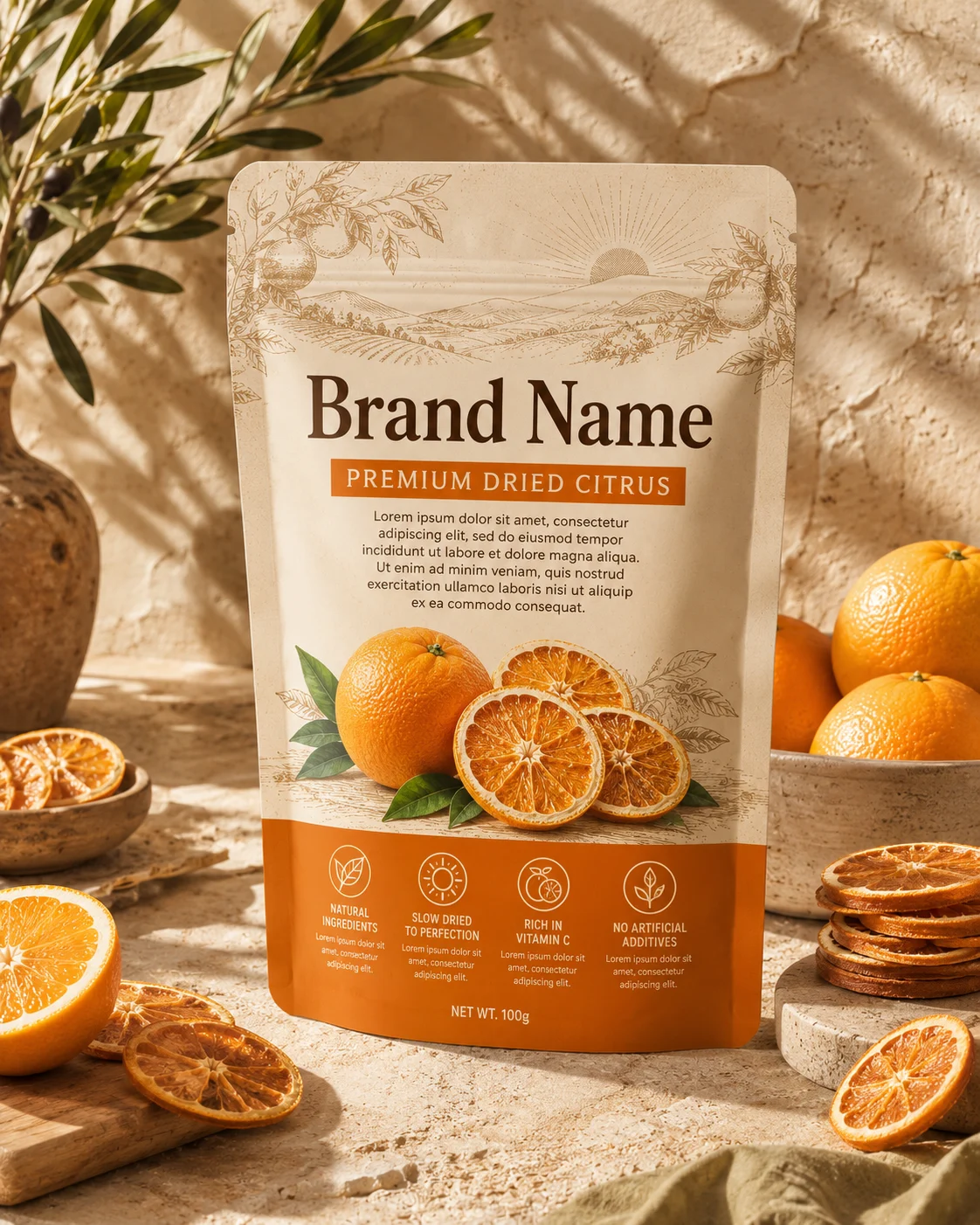 Premium dried citrus package displayed with fresh oranges in a warm artisan food styling scene.