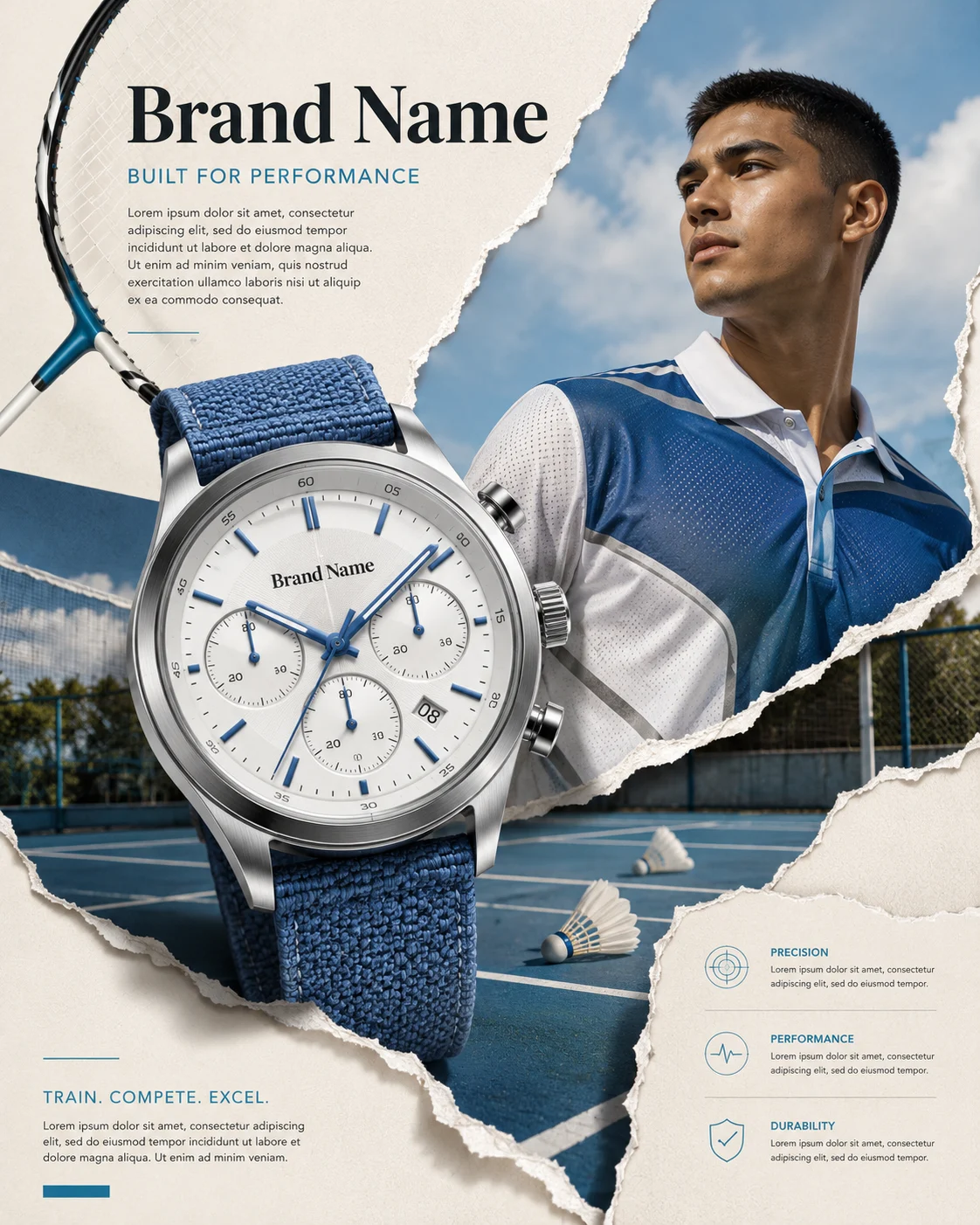 Premium smartwatch with blue woven strap in an editorial sports collage featuring paper layers, an athletic model, and badminton court imagery.