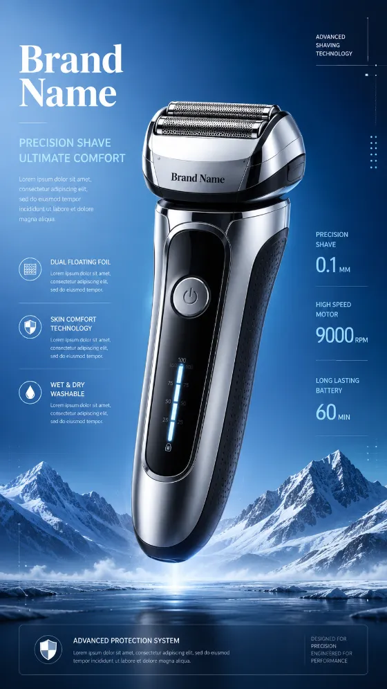 A premium electric foil shaver floating above a cool blue alpine background in a commercial advertising photograph.