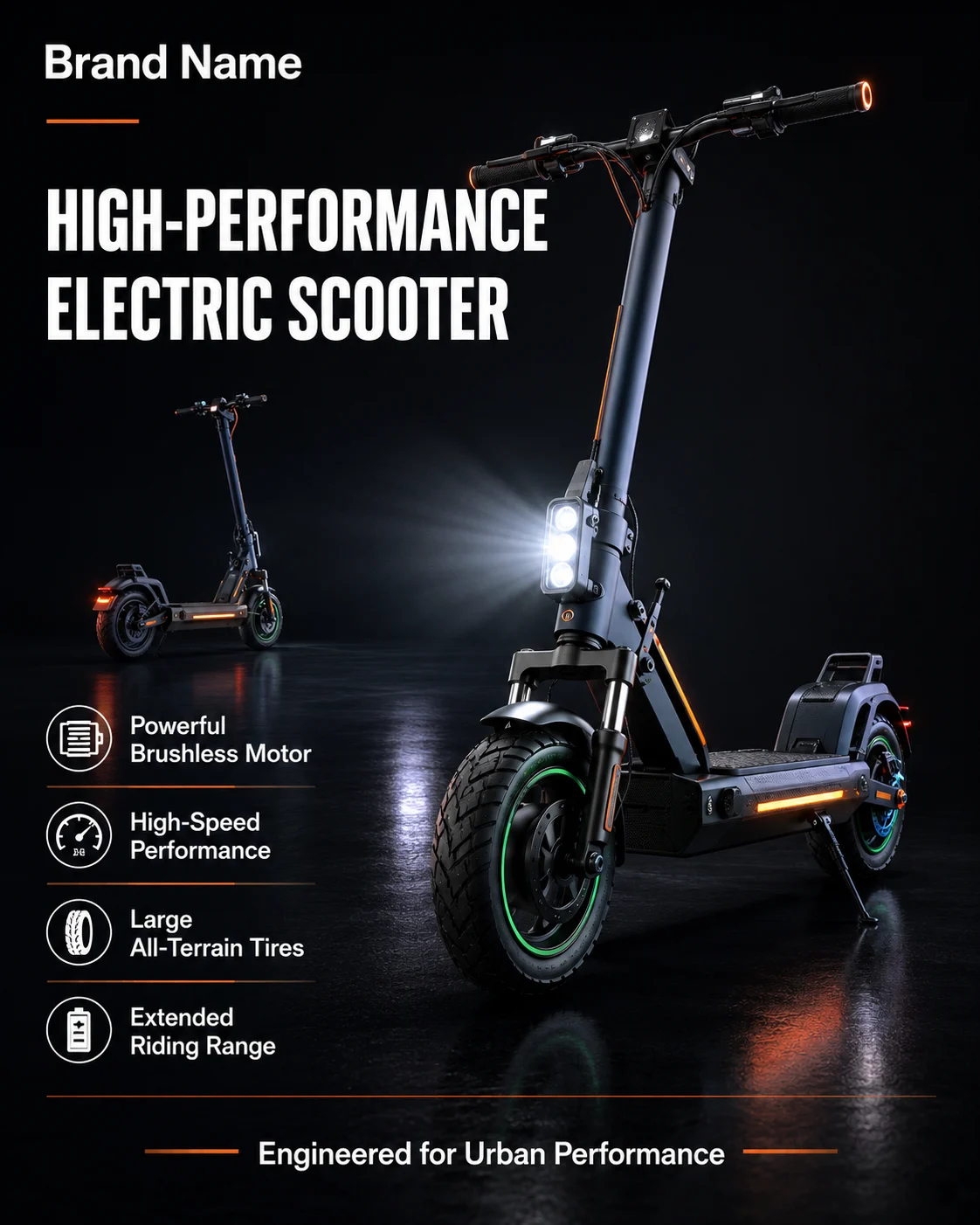 Premium electric scooter displayed in a dark studio with cinematic lighting and reflective flooring.