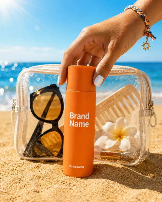 Premium sunscreen product displayed with beach travel accessories in a luxury tropical setting.