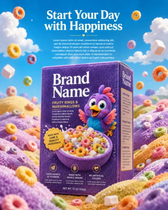 A plush-textured cereal box standing in a whimsical landscape of colorful cereal rings and marshmallows beneath a blue sky.