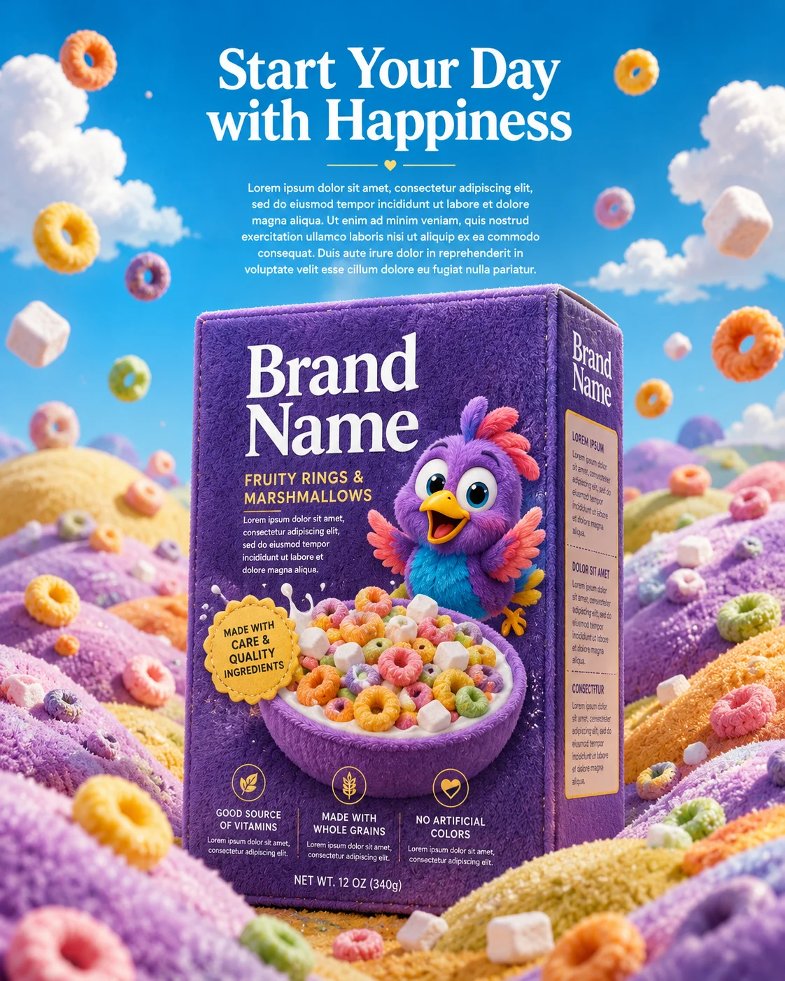 A plush-textured cereal box standing in a whimsical landscape of colorful cereal rings and marshmallows beneath a blue sky.