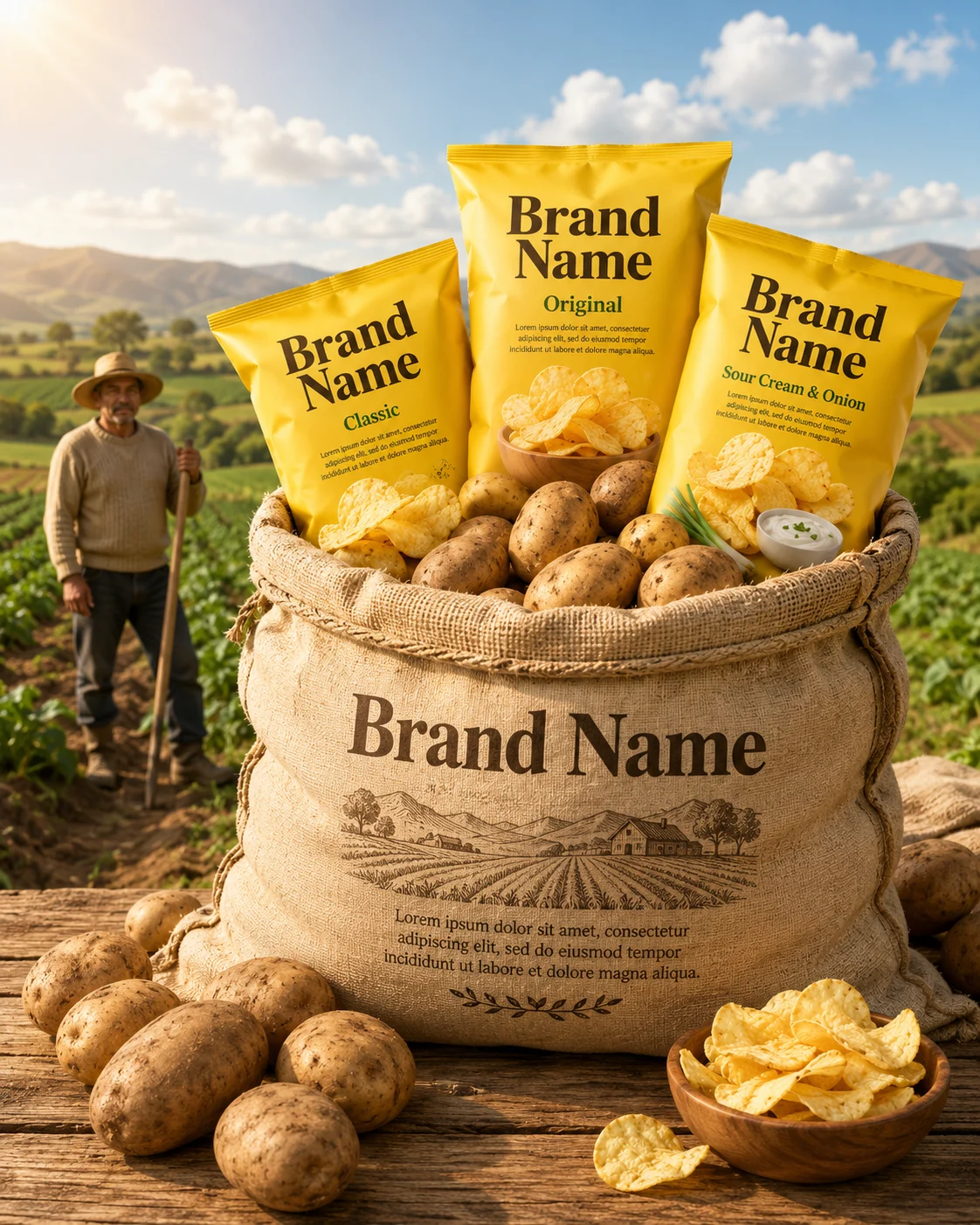 Rustic woven potato sack filled with fresh potatoes and premium snack packages on a wooden table in a golden-hour rural farming landscape.