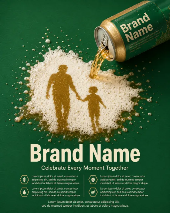 Premium beverage can pouring into foam shaped like a father and child walking on an emerald green background.