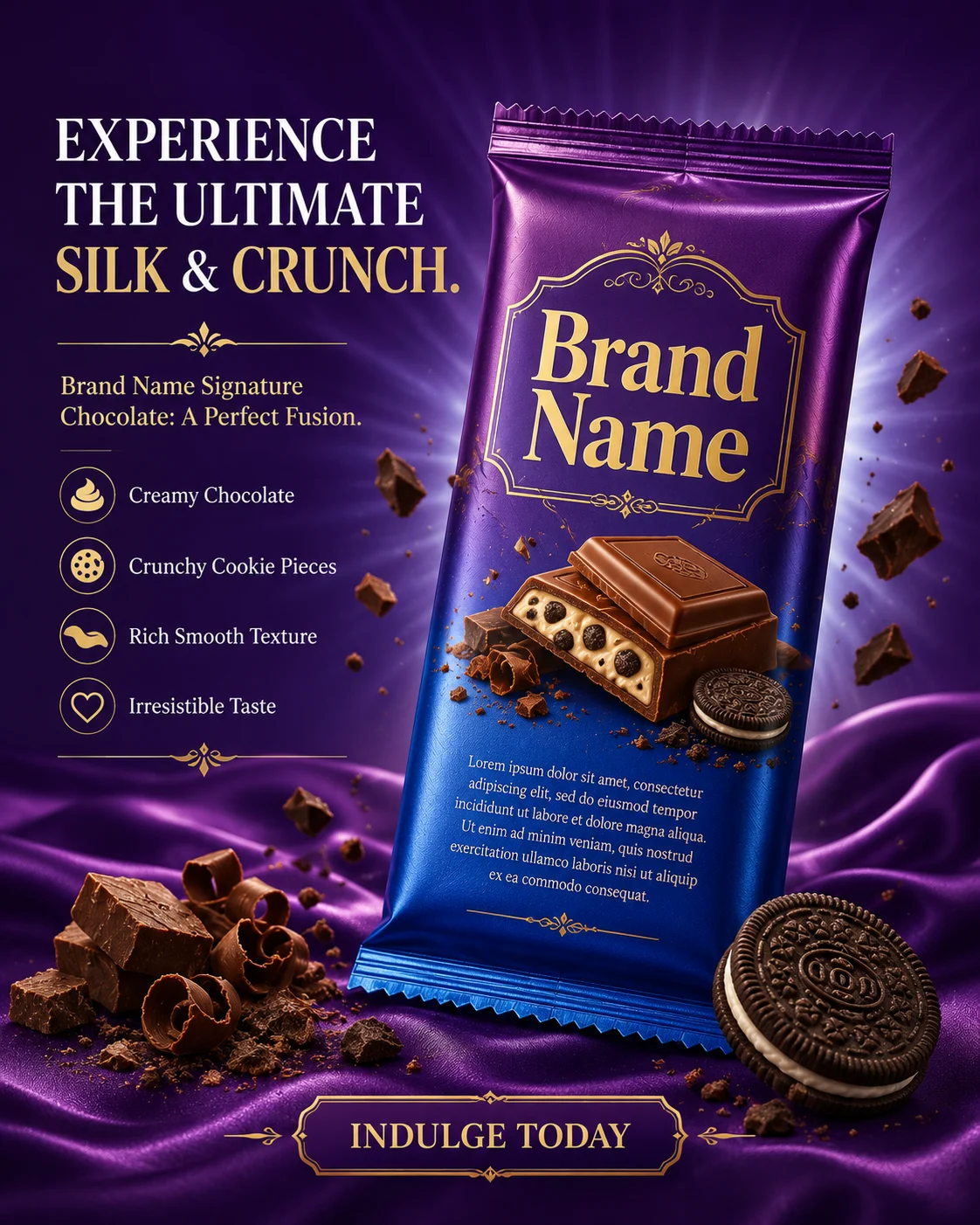 Luxury commercial chocolate campaign with premium packaging and chocolate styling.