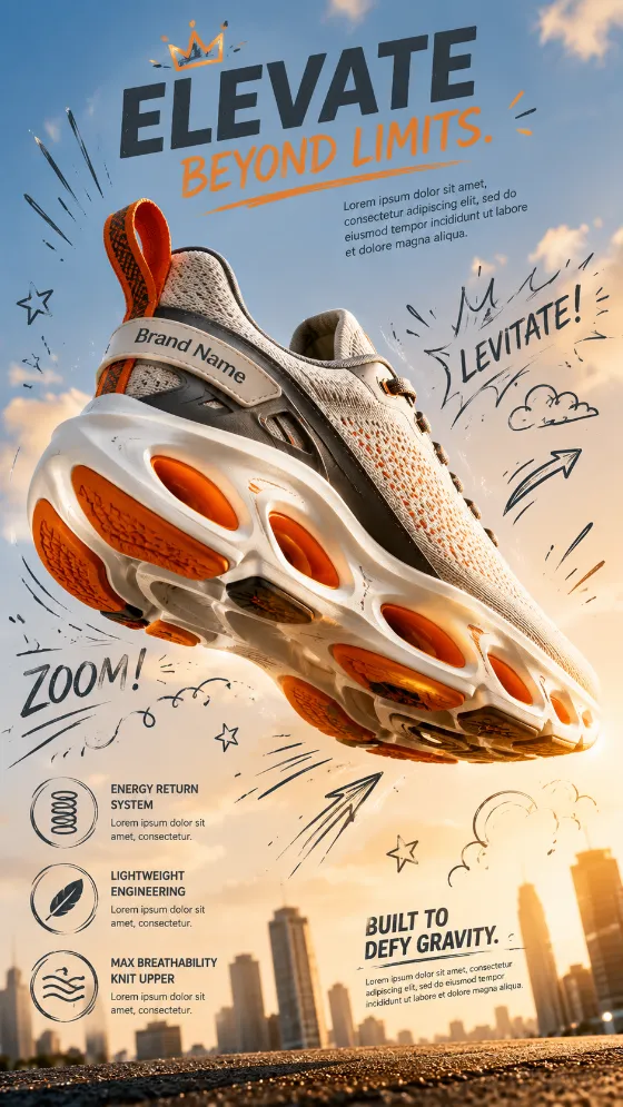 A futuristic running shoe floating above a city street at sunset, surrounded by hand-drawn speed lines and stars, highlighting its premium athletic design.