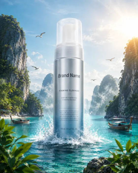 Luxury foaming cleanser bottle standing in turquoise tropical lagoon with limestone islands at sunrise.