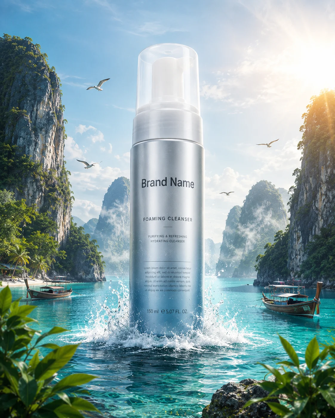 Luxury foaming cleanser bottle standing in turquoise tropical lagoon with limestone islands at sunrise.