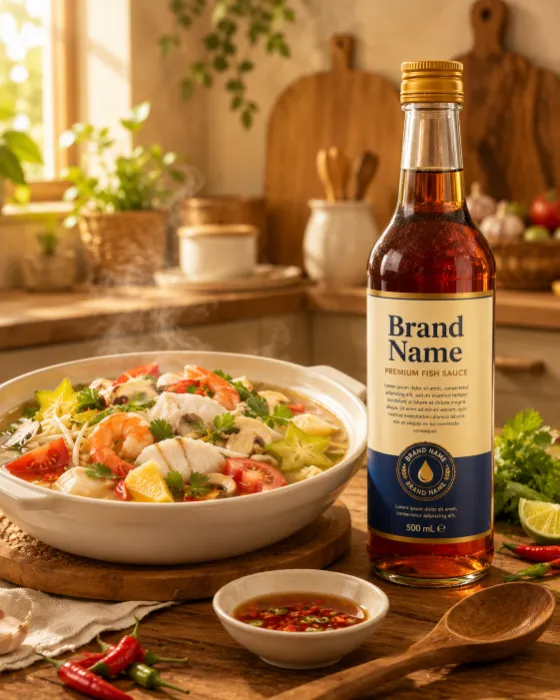 Premium glass fish sauce bottle displayed beside a freshly prepared seafood dish in a warm contemporary kitchen.
