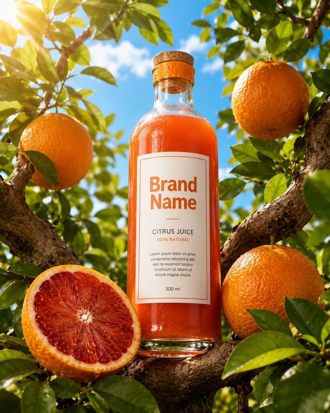 Luxury citrus juice bottle photographed in a vibrant orchard with fresh oranges and lush foliage.